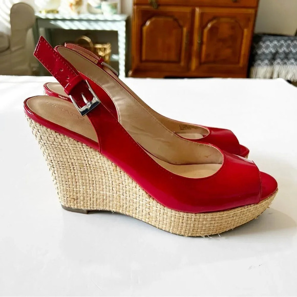 Franco Sarto Sarah Red Faux Patent Rattan Wedge Peep Toe Sandal Women’s Size 8.5 - Picture 10 of 10